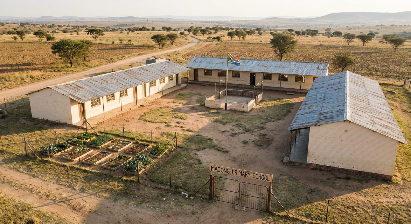 Aerial view of the Magong Primary School campus showing two single-story brick buildings around a dirt courtyard with surrounding farmland
