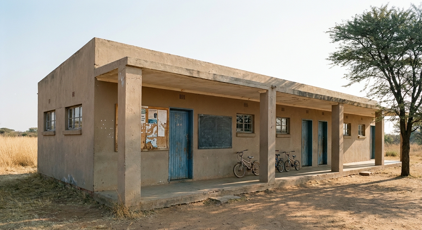Front facade of the Magong Primary School teaching block with covered concrete walkway and acacia tree
