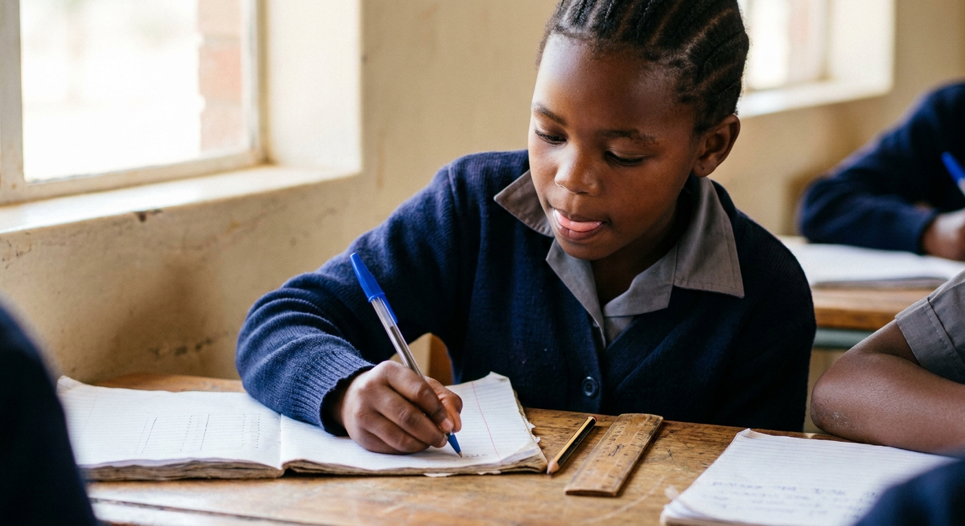 A Grade 3 girl writing carefully in her exercise book with morning sunlight on the page
