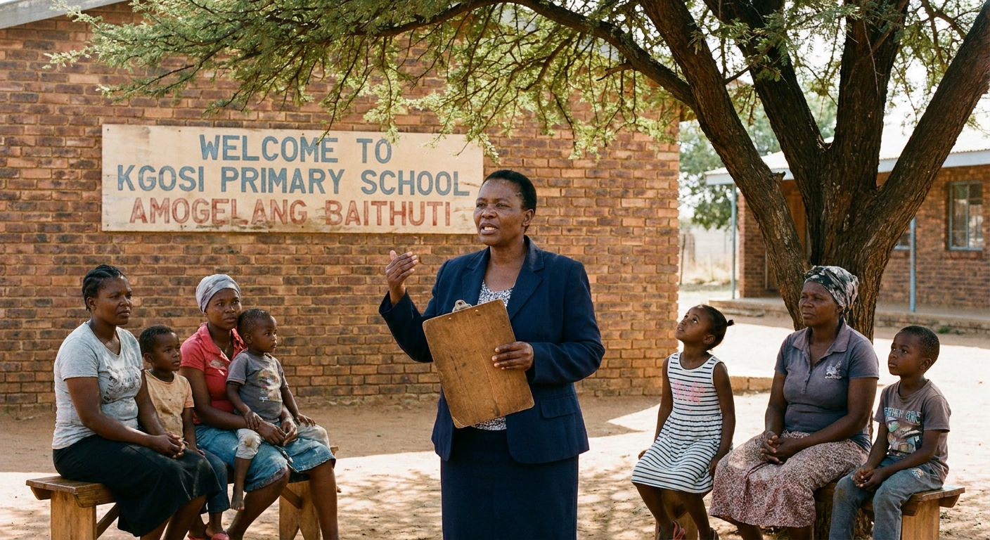 The principal welcoming three families with their young children at an admissions open day