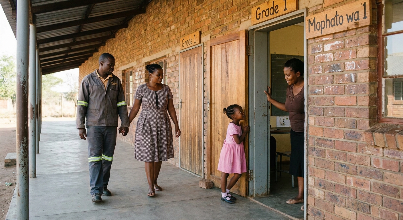 A family touring the school with their five-year-old daughter peering into a Grade 1 classroom