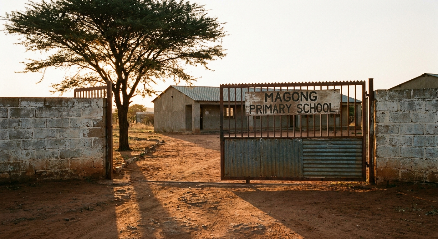 The painted iron gate of Magong Primary School with the school name welded across the top arch