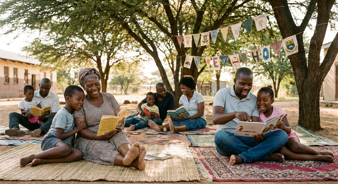 A parent and child reading together under acacia tree shade at the school's reading marathon