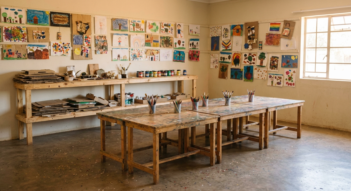 The school art room with paint-spattered tables and walls covered in children's paintings