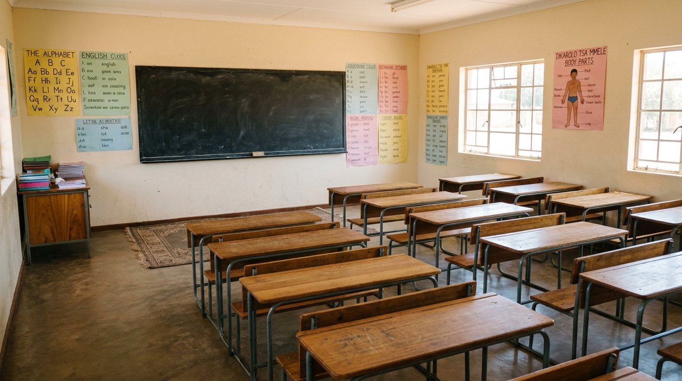 A regular Magong Primary classroom with twenty wooden double desks facing a chalkboard