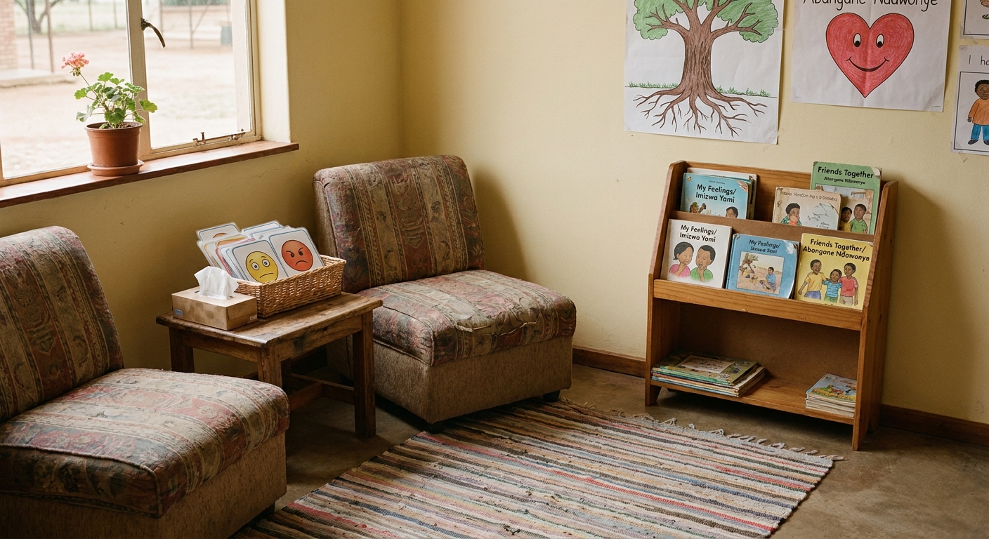 A small counselling room with two cushioned chairs and a basket of feeling-faces flashcards