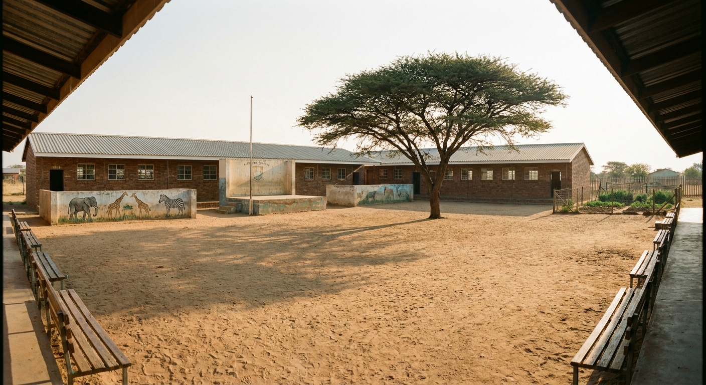 The open inner courtyard of Magong Primary School with an acacia tree and two single-story brick teaching blocks