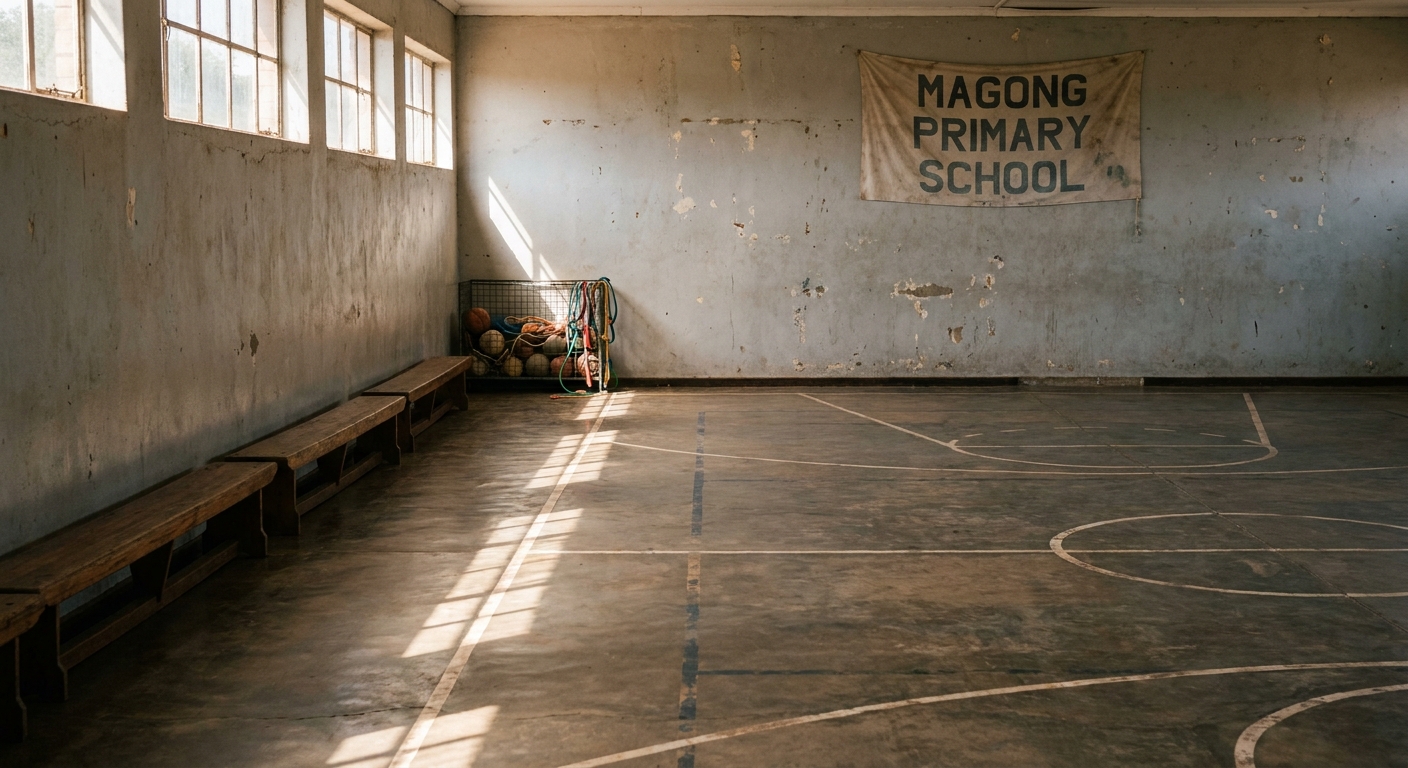 The covered indoor activity hall with hand-painted floor lines for indoor games