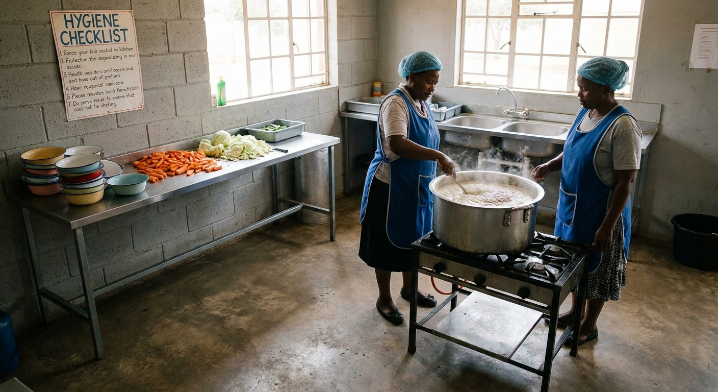 The NSNP kitchen with two cooks preparing pap and beans on a gas stove