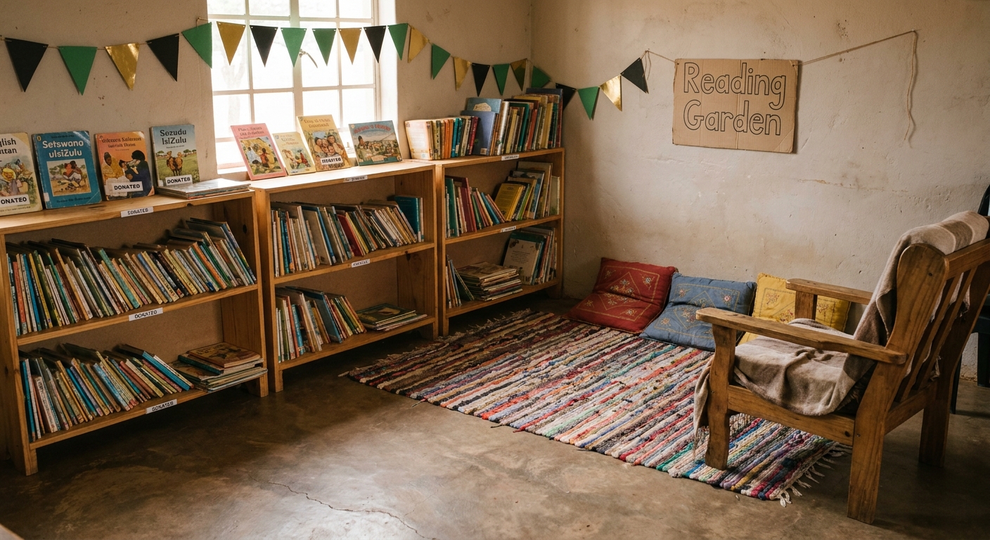 The school's modest library with three wooden bookshelves and a corner reading nook