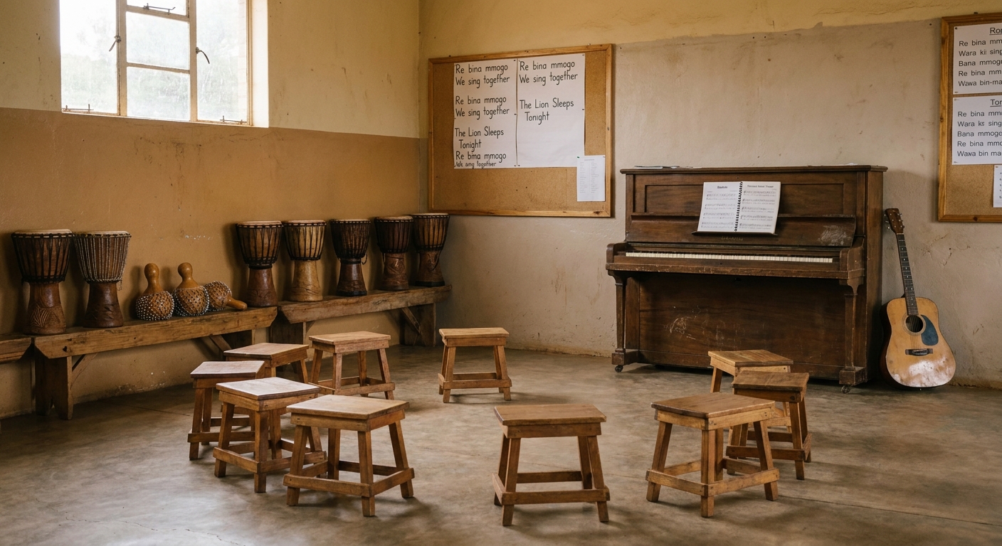 The music room with hand-carved djembe drums and an old upright piano