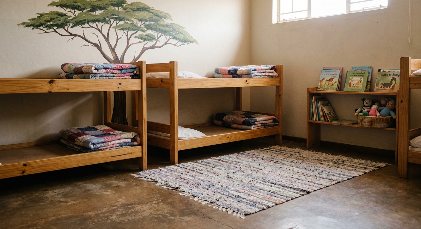 A small rest corner with three low wooden bunk beds and patchwork blankets