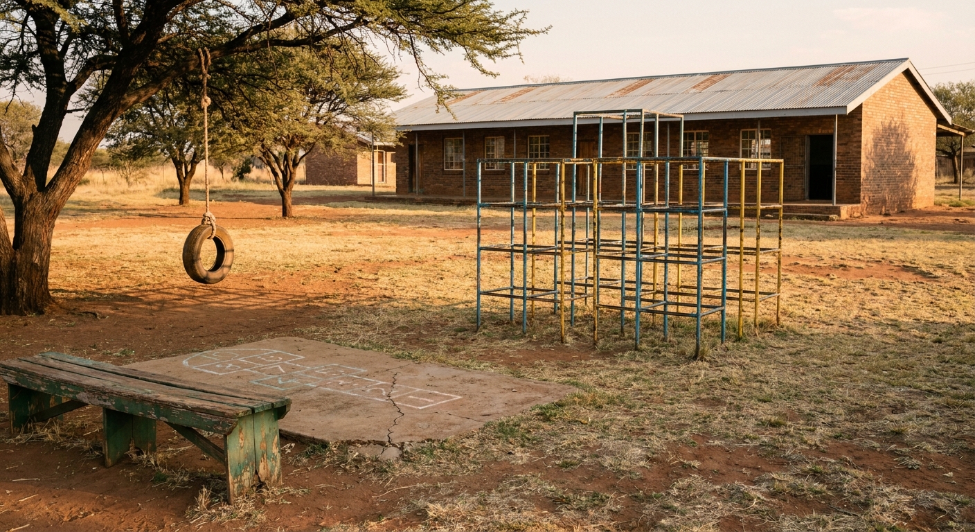 The outdoor playground with a metal jungle gym and a tyre swing under an acacia tree