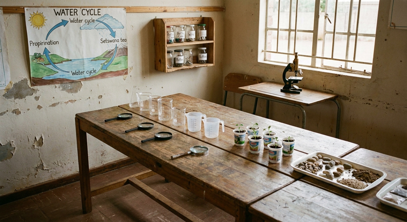A modest science corner with simple beakers, soil samples and an old microscope