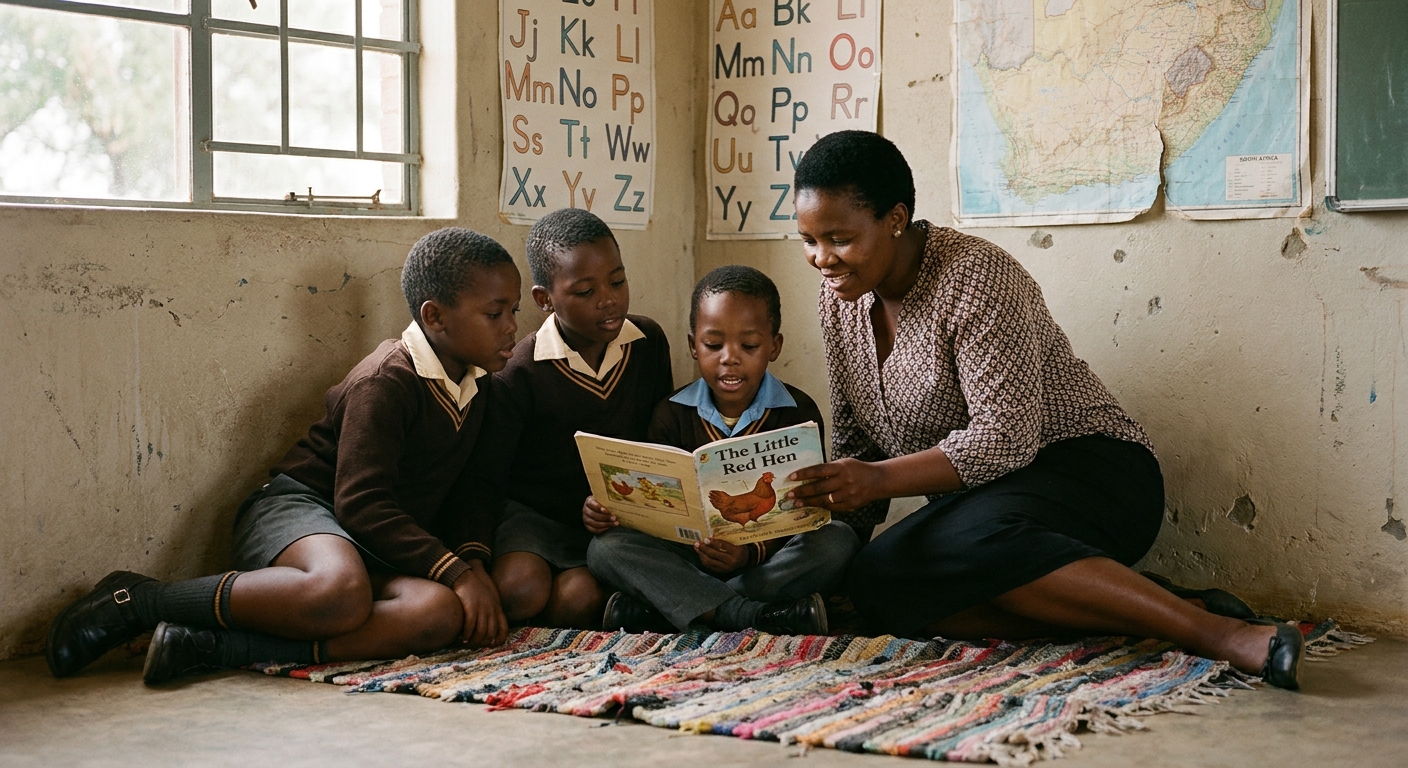 Four children reading aloud from an English picture book on a worn rag rug, a teacher kneeling beside them