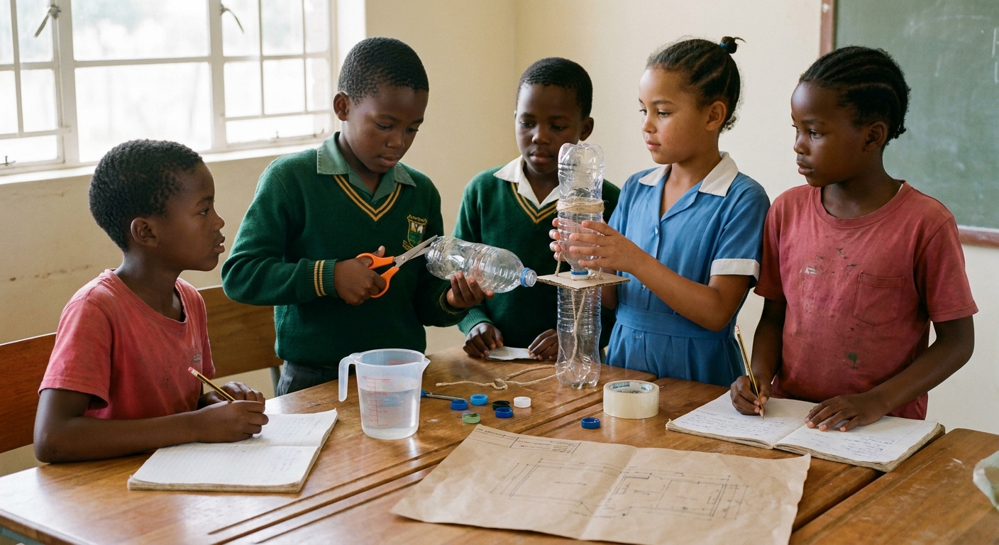 Five learners building a small rainwater collection model together at a long classroom table