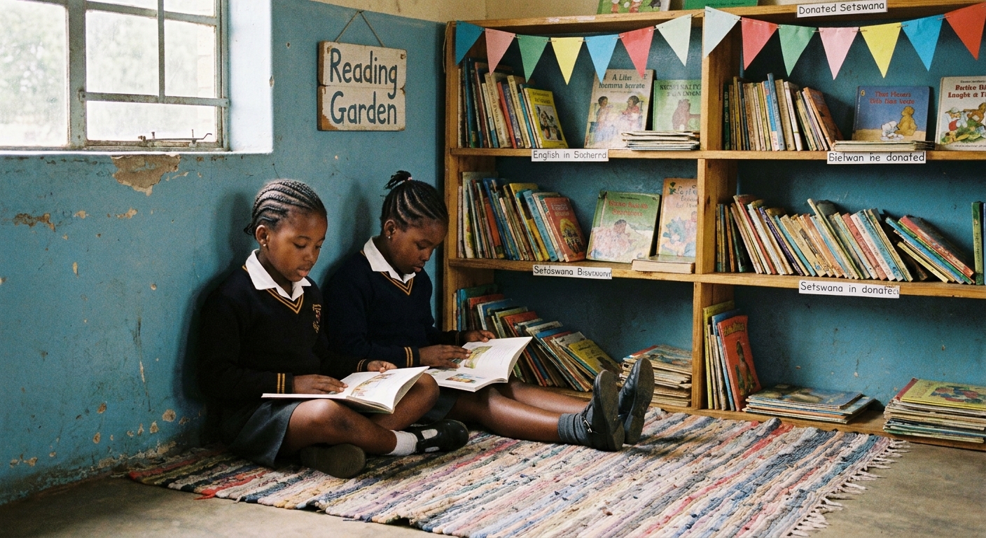 Two girls quietly reading paperback books in the school's reading garden corner