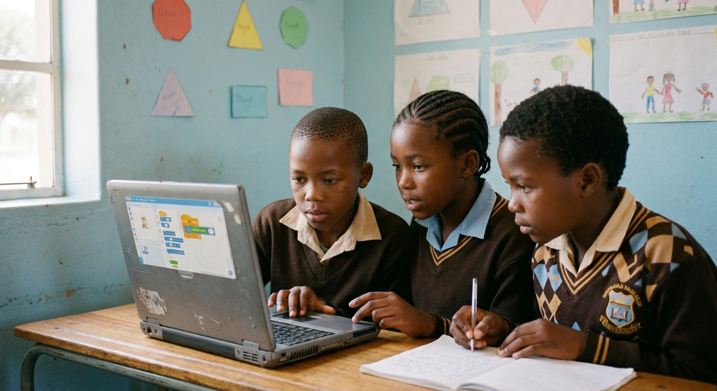 Three Grade 6 learners exploring a block-coding programme on a shared older laptop