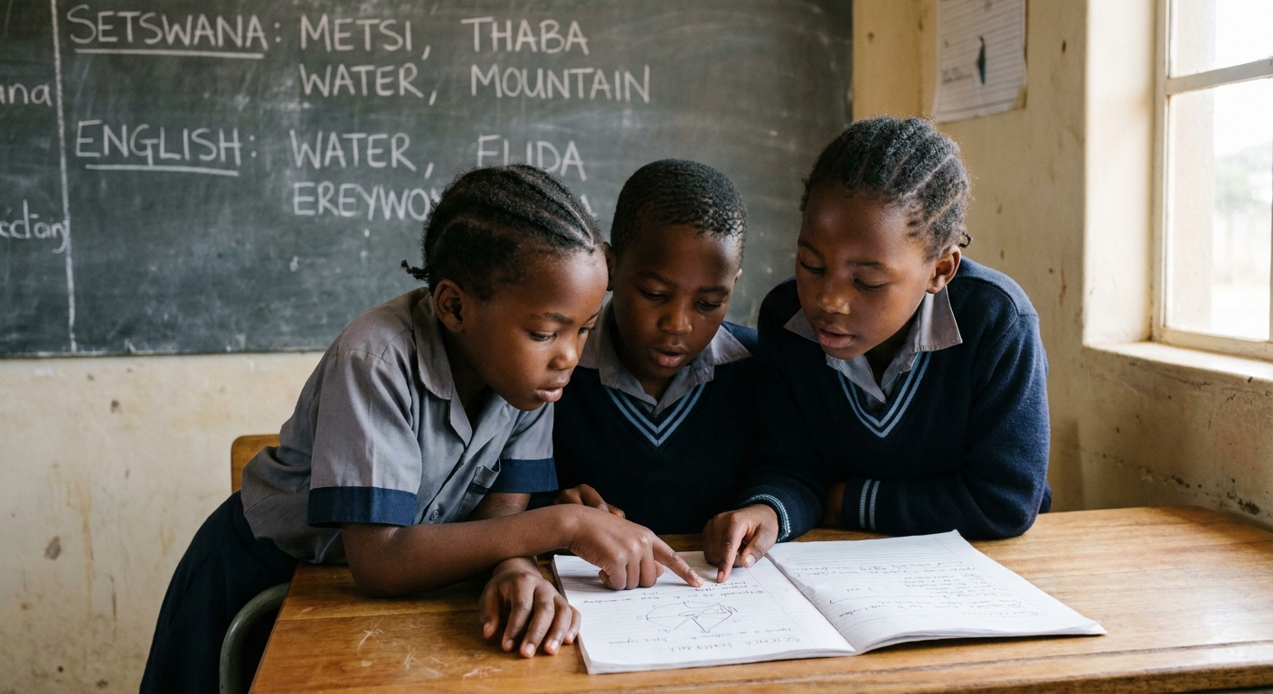 Three children leaning over a science worksheet, one explaining to the others
