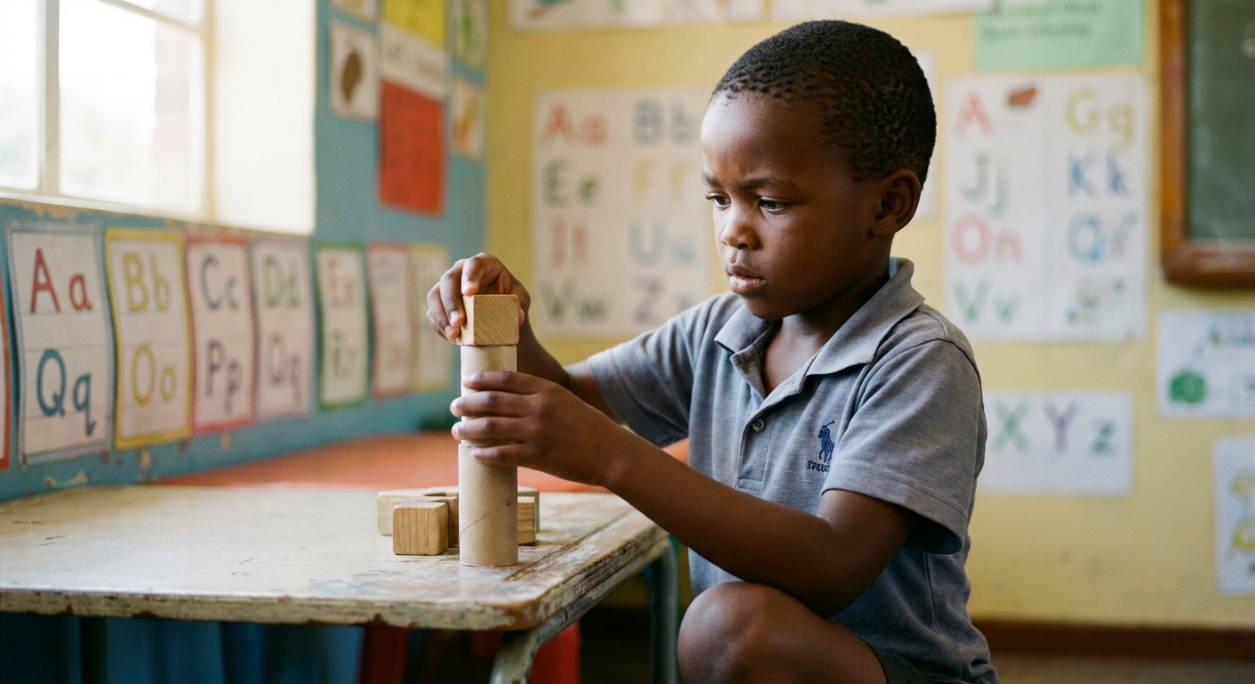 A young learner deeply focused on building with wooden blocks