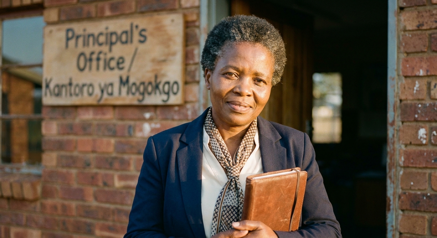 Mrs Emma Pheto, the school principal, standing at the doorway of the principal's office