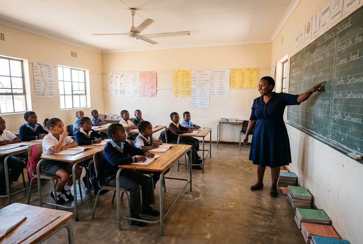 A wide view of a Magong Primary School classroom in mid-lesson with the teacher at the chalkboard