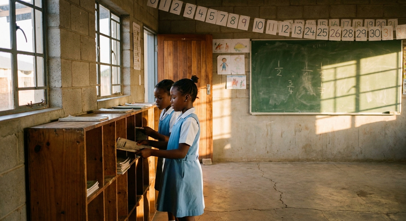 A quiet classroom moment with two girls putting away their exercise books at the end of the day