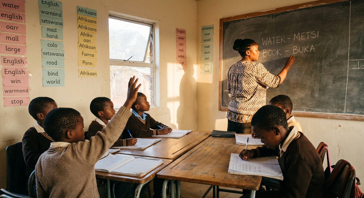 A teacher writing English and Setswana vocabulary side-by-side on a chalkboard