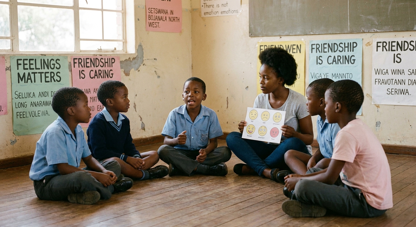 A small circle of children sitting on the floor in a Life Skills sharing session