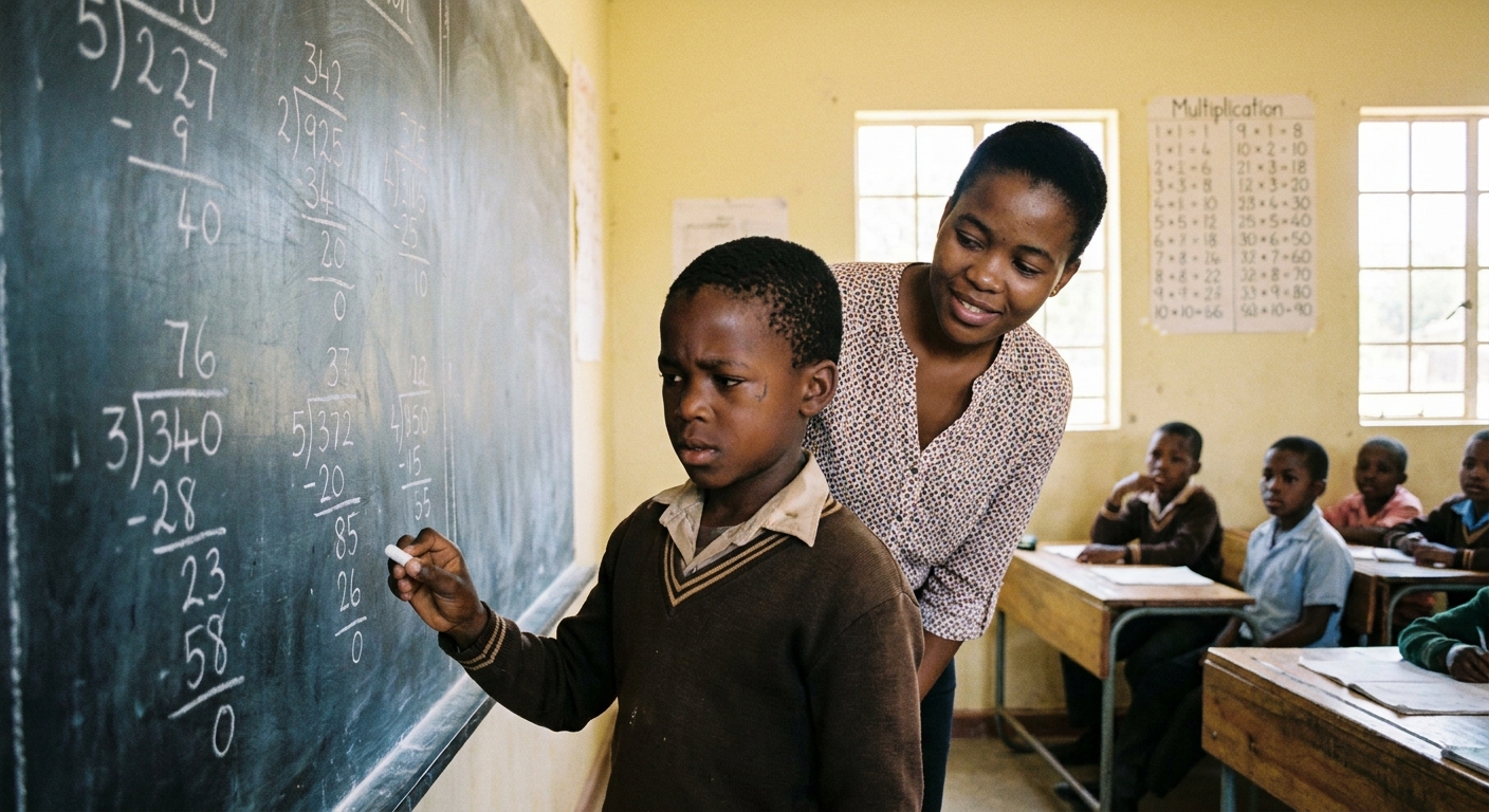 A boy solving long division at a chalkboard with the rest of the class watching