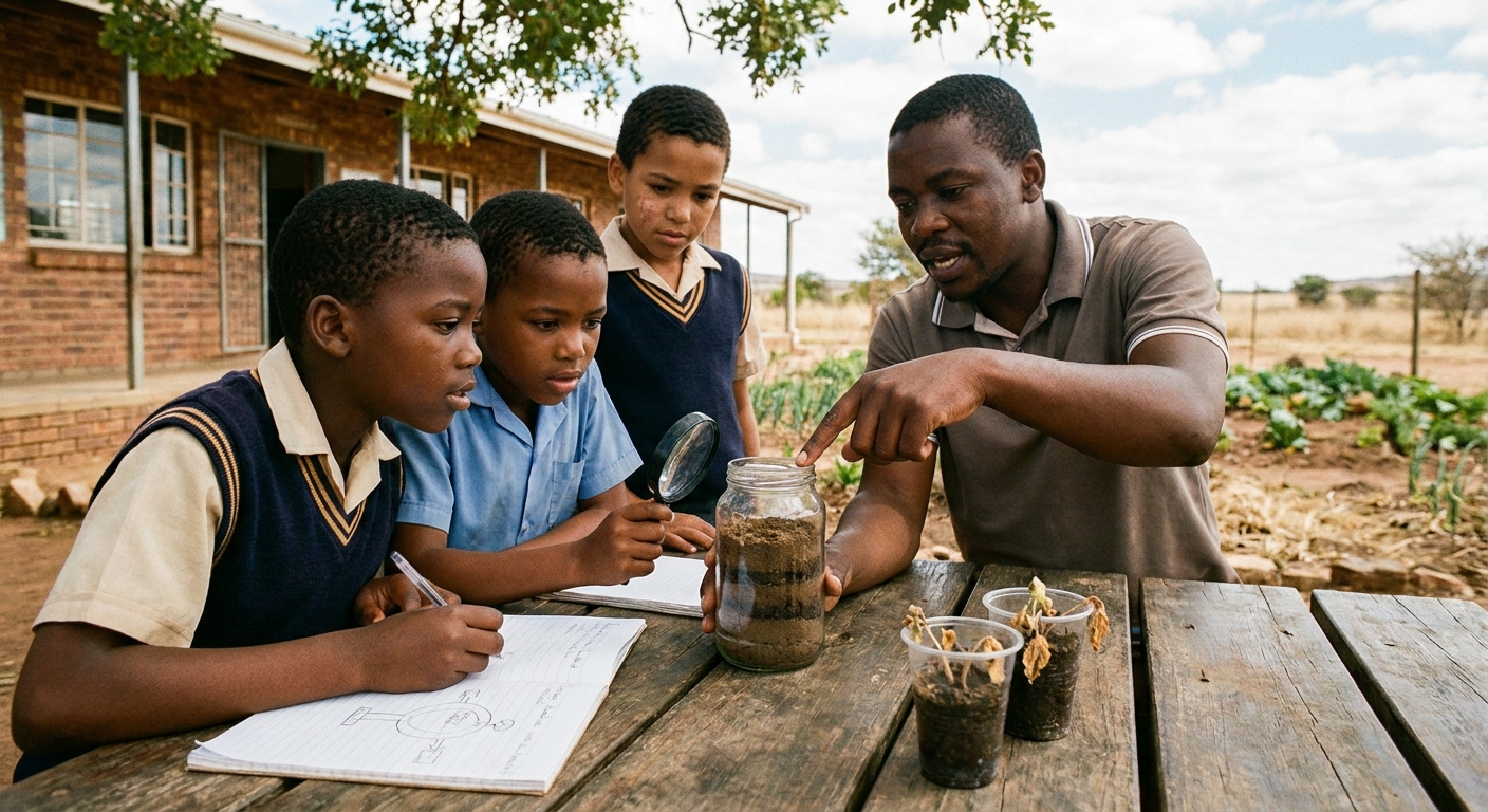 Children examining a glass jar of soil with a magnifying glass, the teacher pointing at the layers
