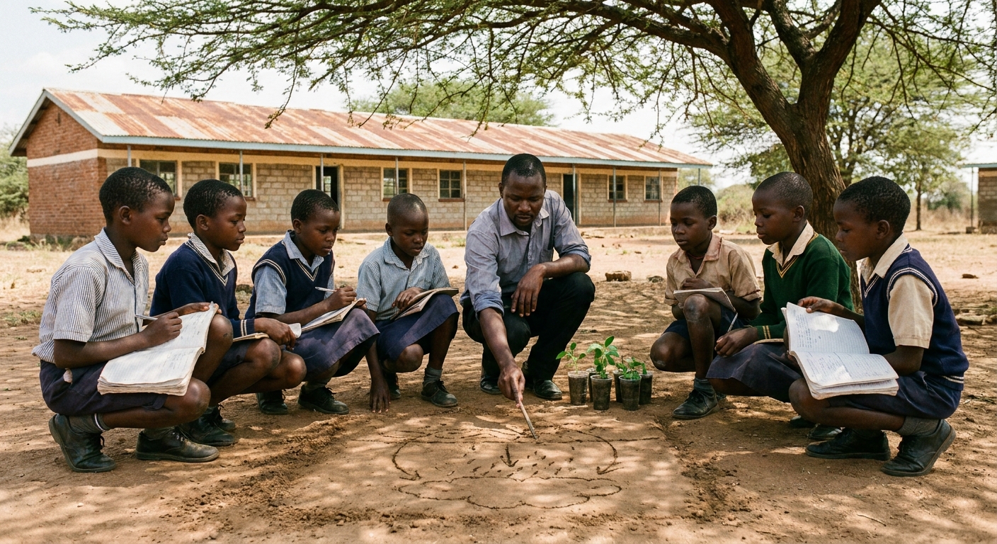 An outdoor learning circle with children kneeling around a teacher drawing on a patch of cleared earth