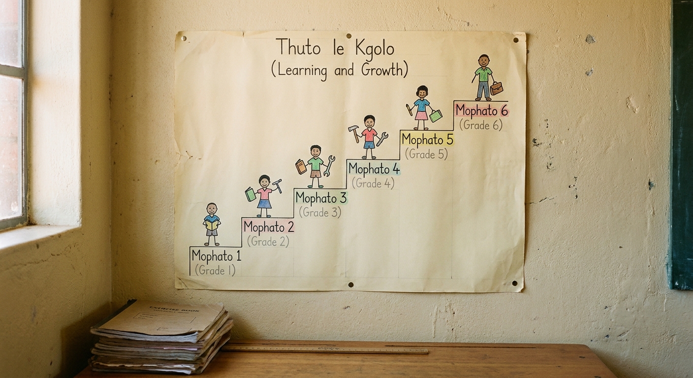 A hand-drawn educational progression chart pinned to a classroom wall showing Grade 1 to Grade 6 steps