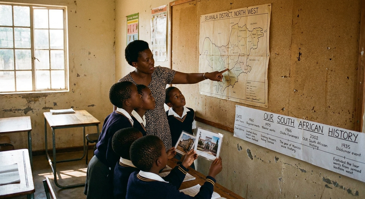 Children gathered around a hand-drawn map of the Bojanala District