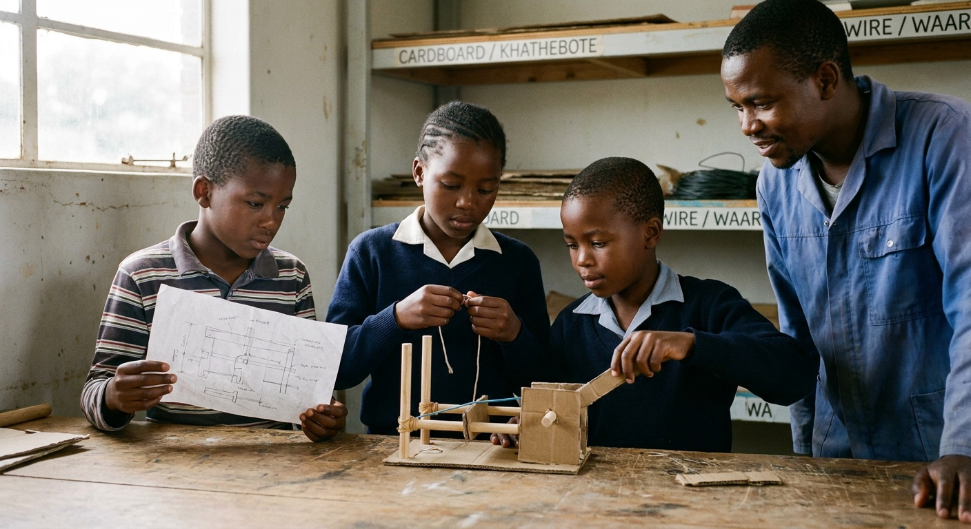 Three children carefully assembling a simple machine from wooden dowels and rubber bands