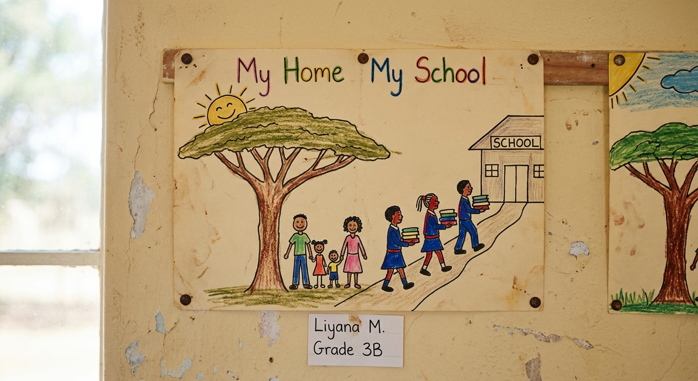 A child's crayon drawing titled 'My Home My School' showing an acacia tree, a family and three school children