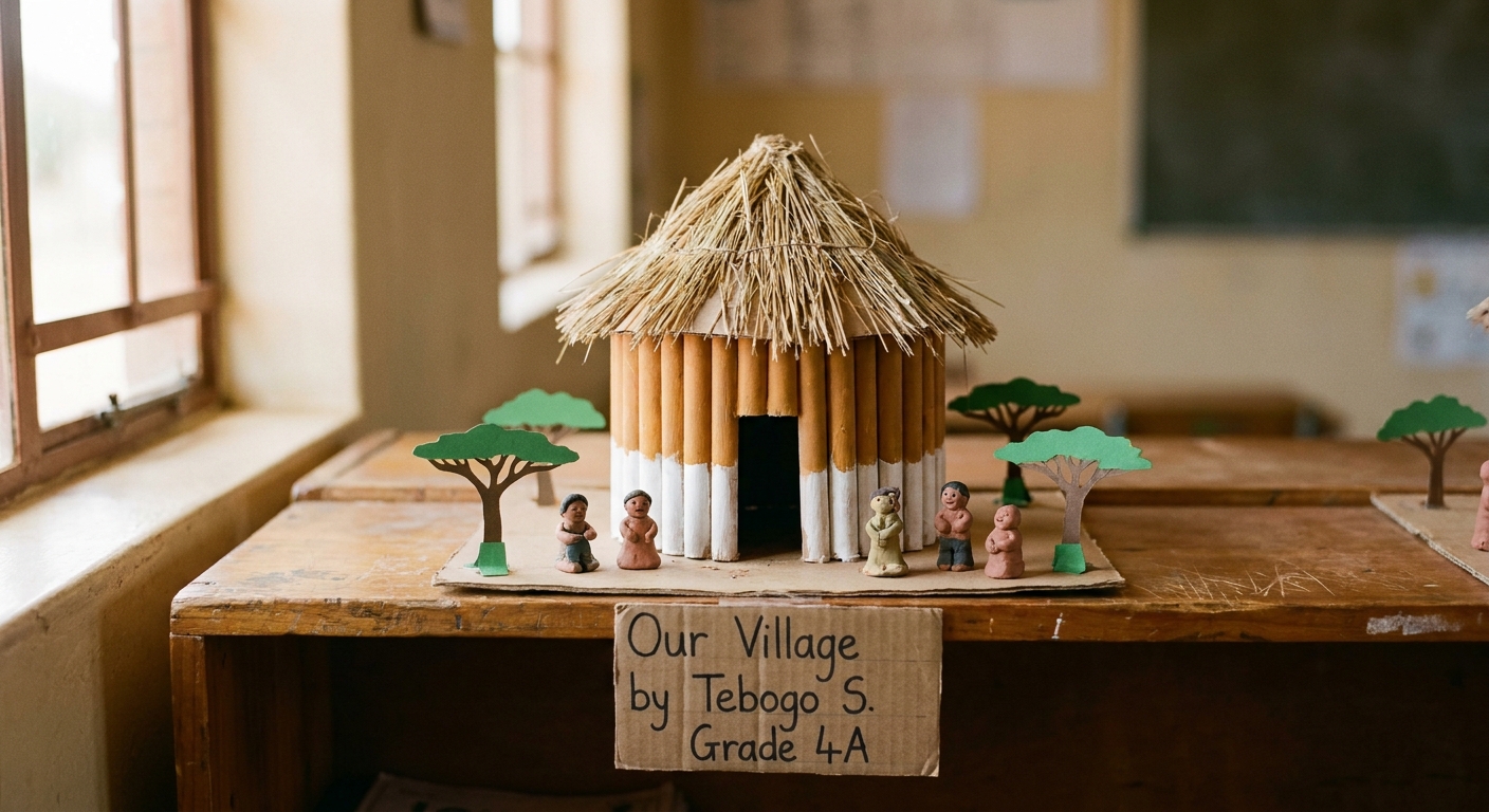 A small model rondavel hut made from cardboard and dried grass with clay figurines around it