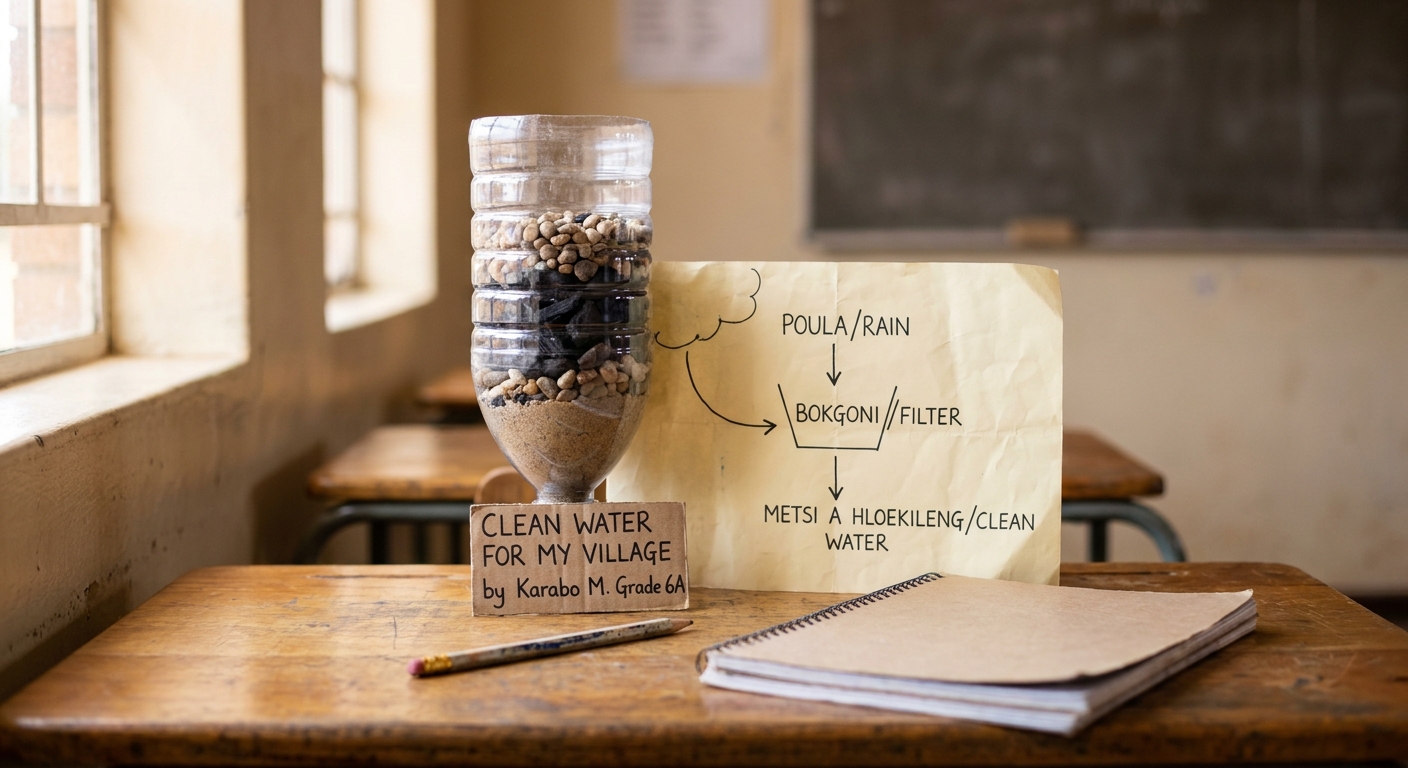 A homemade rainwater filter made from a clear plastic bottle with layers of pebbles, sand and charcoal