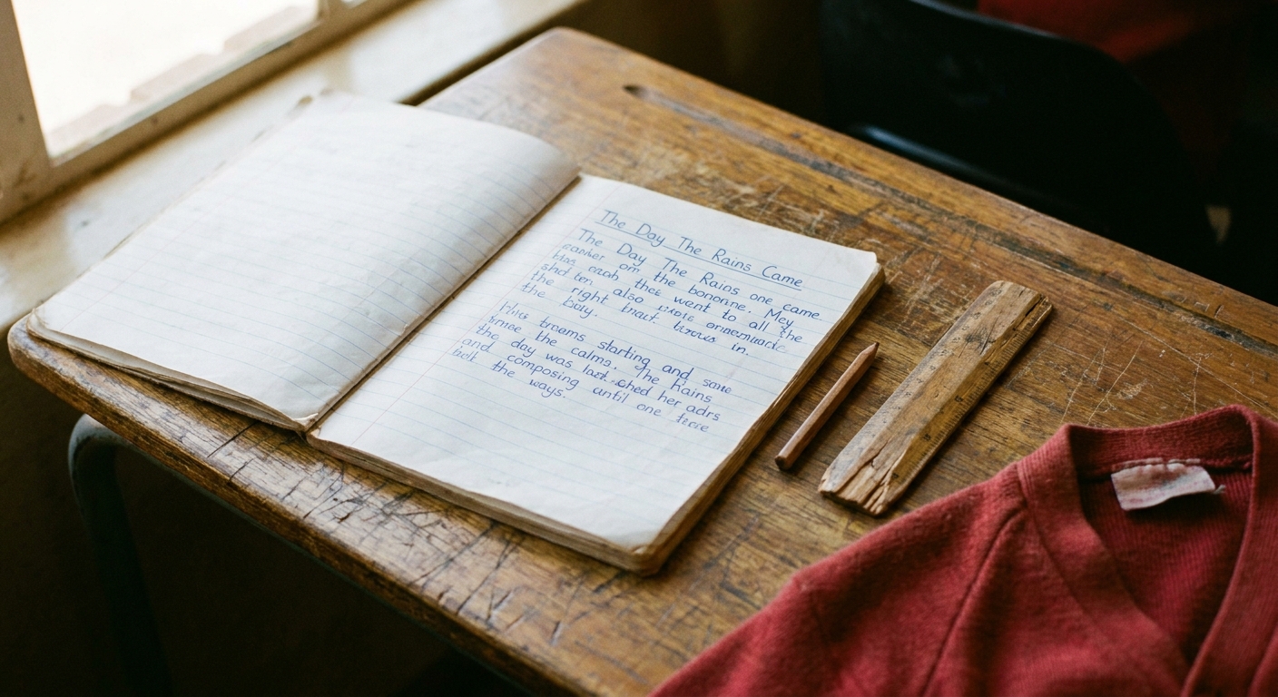 An open exercise book showing a hand-written English composition titled 'The Day The Rains Came'